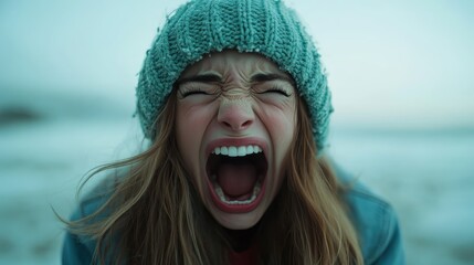 A close-up shot of a young woman letting out a scream in a snowy environment, conveying powerful emotions of frustration, freedom, and catharsis amidst a stunning winter background.