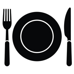 Simple black and white illustration of a place setting with fork plate and knife