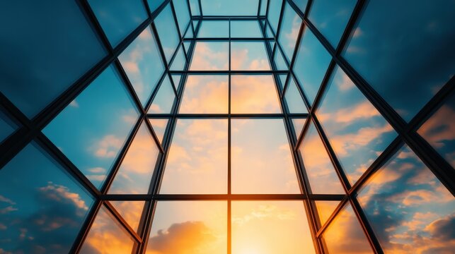 A stunning view of a glass building against a colorful sunset, showcasing modern architecture and the interplay of natural light and buildings.