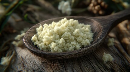 Pale, granular substance rests on a dark wooden spoon