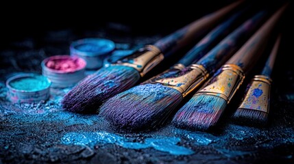 Paint-splattered brushes and paint pots on dark surface