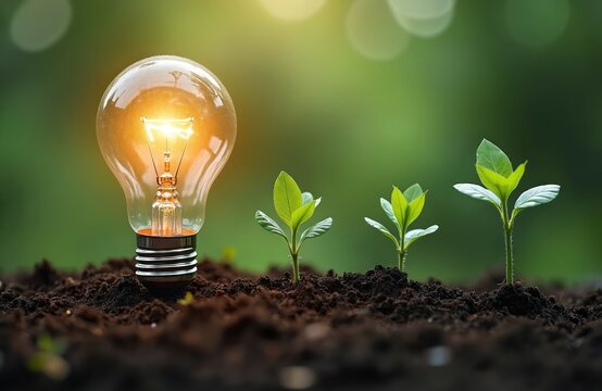Light bulb illuminates seedlings growing in soil. Concept of green energy innovation, ecological development, sustainability, environmental protection, new tech. Symbol of renewable energy,