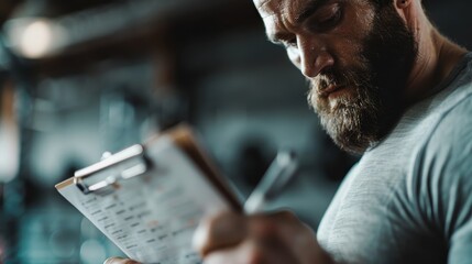 A dedicated fitness trainer reviews performance data on a clipboard, embodying dedication to improving clients' workout results in a gym environment.
