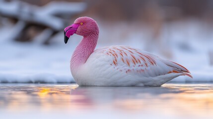 Pale pink flamingo rests on icy water, snowy background