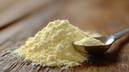 Pale yellow powder pile on wood, spoon nearby