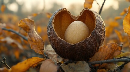 Pale egg nestled in heart-shaped seed pod amidst autumn leaves