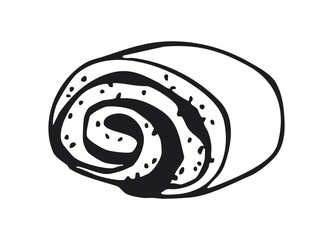 Roll with poppy seeds and spiral shape. Black and white hand-drawn bakery illustration. Dessert and pastry concept for design and print