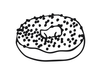 Donut with glaze and sprinkles icon in black and white. Hand-drawn flat style vector illustration isolated on white background. Sweet dessert and bakery food concept