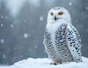 Fototapeta premium Snowy owl sits in winter snow. White bird with yellow eyes looks aside in the falling snow. Wildlife predator in natural habitat. Beautiful owl portrait.