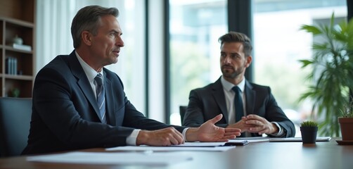 Two men in suits in business meeting. General counsel provides legal advice. Corporate lawyer consulting in modern office. Teamwork, collaboration, discussion. Law, justice, business concept.