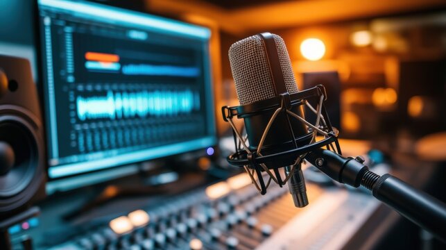 A close-up of a professional condenser microphone in a recording studio with an audio mixing interface on a computer screen in the background. - Powered by Adobe