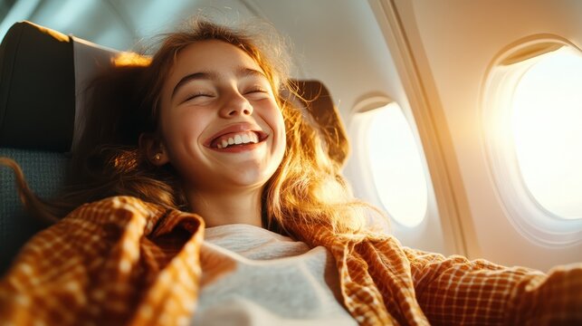 A joyful moment captured of a young girl laughing on an airplane during sunset, conveying a sense of freedom, adventure, and the exhilaration of travel and exploration.