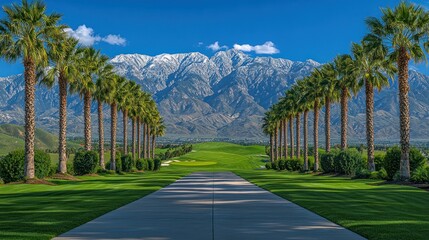 Palm-lined path leads to snow-capped mountains