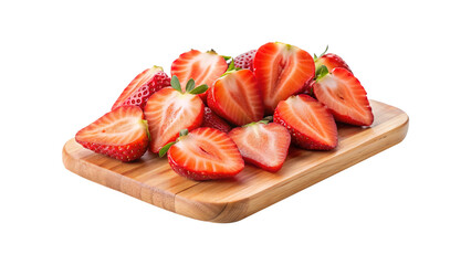 A Pile of Delicious Strawberries Cut in Half on a Wooden Board