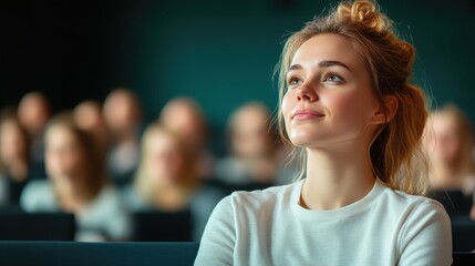 A young woman gazes thoughtfully in an auditorium filled with blurred faces, her expression reflecting deep engagement with the performance happening on stage.
