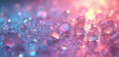 Holographic background with glass shards. Pink, purple colors. Abstract trendy pattern with magic effect. Iridescent light reflexes, shiny liquid drops with diamond shapes. Party, fashion, holiday