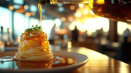Pasta dish topped with sauce and herbs