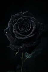 Close up of a single black rose with water droplets against a dark background in dramatic lighting