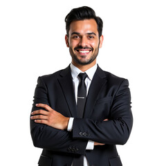 Confident businessman in a dark suit, arms crossed, smiling directly at the camera.