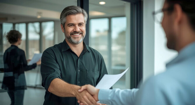 Smiling middle aged business man handshaking partner making partnership collaboration agreement at office meeting, hr manager and new worker shake hands recruiting at job interview