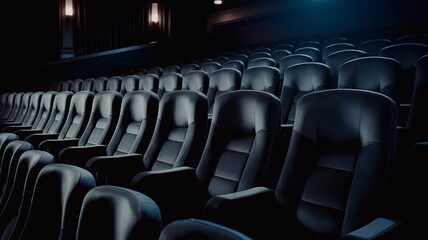 The interior of the auditorium of an upscale empty movie theater with soft black chairs and dim professional lighting.