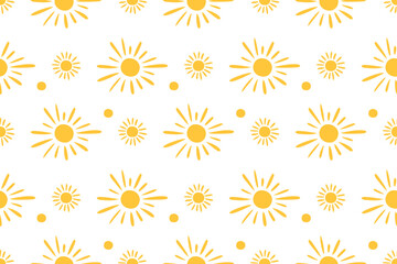Seamless  sunny pattern. Solar  background. San doodle drawing hands sketch. Children's drawing. Сartoon yellow vector elements on white background