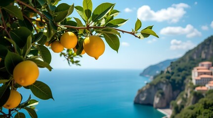 A branch of ripe amalfi lemons against turquoise sea, picturesque cliffs and sunny blue sky with white clouds. View of the Amalfi Coast in Italy.