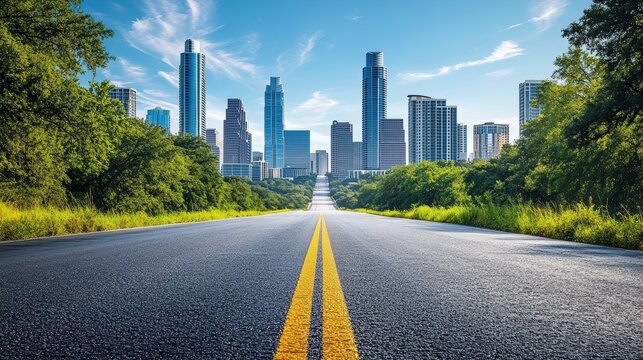 A straight road with double yellow lines leads toward a modern city skyline framed by lush green trees under a blue sky with wispy clouds. - Powered by Adobe