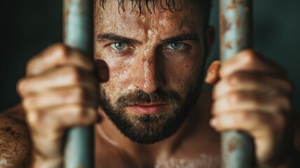 A man sweating and gripping prison bars with intense focus, representing struggle, confinement, and the desire for freedom in a compelling, dramatic setting.