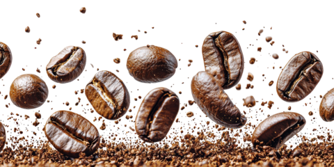Roasted Coffee Beans In Motion With Ground Coffee. Energizing And Aromatic Beverage Concept Isolated On Transparent Background