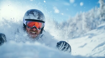 An exhilarating moment of a skier flying through fresh powder snow, capturing the thrill and adventure of winter sports in a pristine snow-covered landscape.