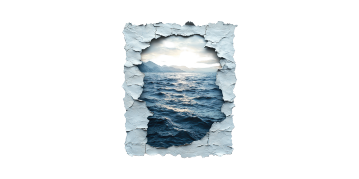 Torn Paper Revealing Ocean View. Concept Of Discovery And Exploration Isolated On Transparent Background
