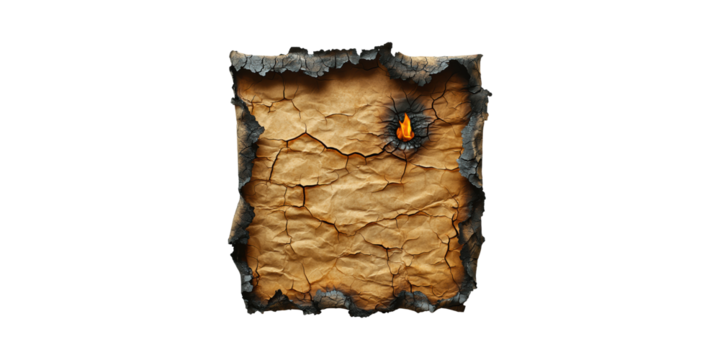 Burnt Parchment With Flame Cracked Surface. Symbol Of Destruction And Fragility Isolated On Transparent Background