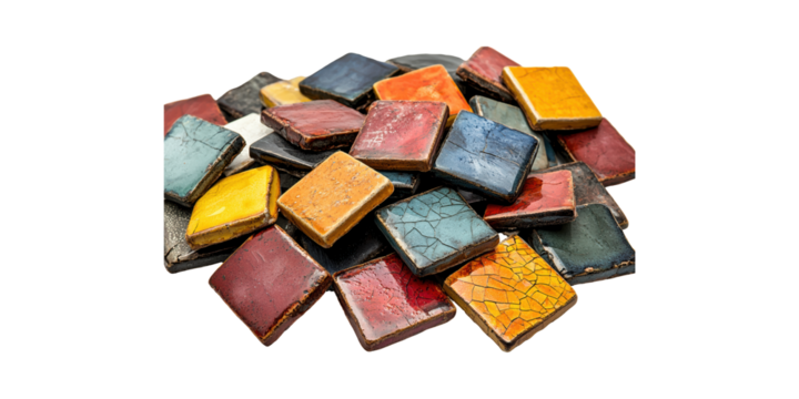 Colorful Ceramic Tiles. Artistic Mosaic Design And Interior Decoration Isolated On Transparent Background