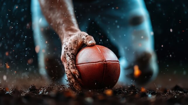 A focused athlete's hand grips a wet football, ready for action amid muddy terrain, capturing the intensity and grit of competitive sports in dynamic motion and determination.