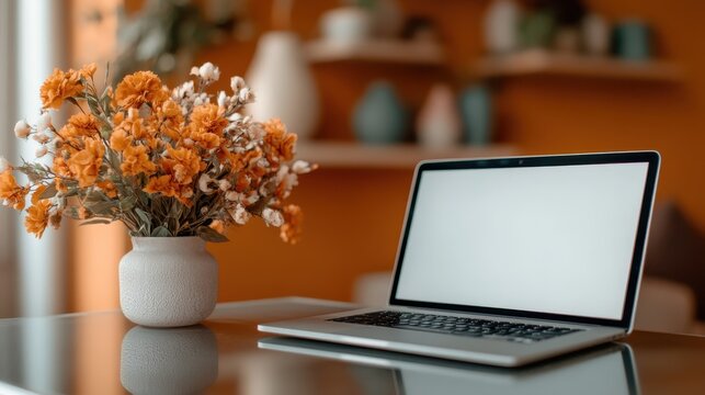 An aesthetically pleasing workspace featuring a laptop next to a vibrant arrangement of flowers, providing a serene and inspiring environment for productivity and creativity.
