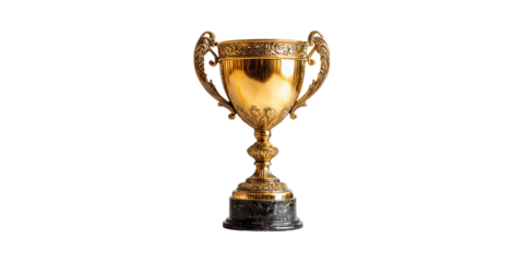 Golden Trophy Cup Marble Base. Symbol Of Achievement And Excellence In Competitions Isolated On Transparent Background