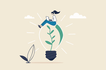 Sustainability business or environmental care in office, ecology company culture or social responsibility strategy, ESG concept, businesswoman working with computer on green sustainable lightbulb.