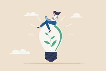 Sustainability business or environmental care in office, ecology company culture or social responsibility strategy, ESG concept, businesswoman working with computer on green sustainable lightbulb.