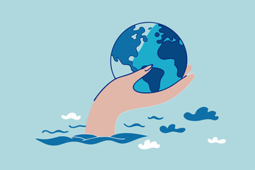 Save the world from climate change and global warming problem, protect our planet from melting ice flood or disaster concept, hand tendering holding world or globe above climate flood ocean.