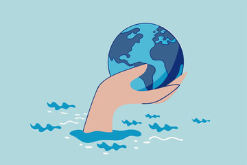 Save the world from climate change and global warming problem, protect our planet from melting ice flood or disaster concept, hand tendering holding world or globe above climate flood ocean.