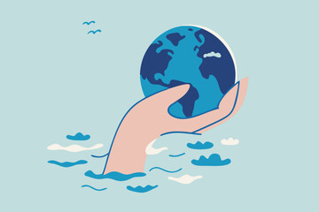 Save the world from climate change and global warming problem, protect our planet from melting ice flood or disaster concept, hand tendering holding world or globe above climate flood ocean.