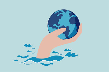 Save the world from climate change and global warming problem, protect our planet from melting ice flood or disaster concept, hand tendering holding world or globe above climate flood ocean.
