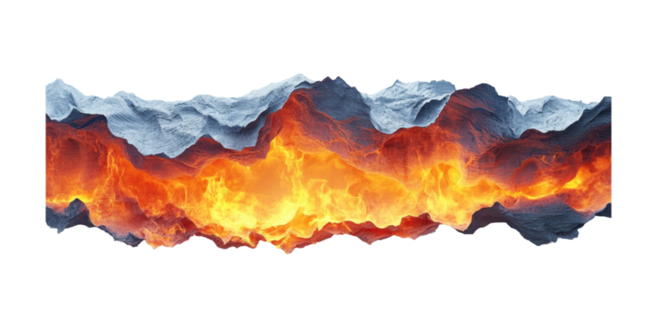 Abstract Mountain Landscape With Fiery Lava. Geological Forces And Natural Phenomena Isolated On Transparent Background