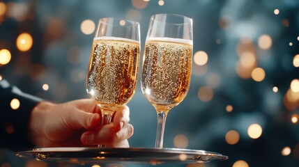 Two champagne flutes are elegantly raised in a toast against a beautifully blurred background filled with soft lights, creating a celebratory atmosphere perfect for special occasions.