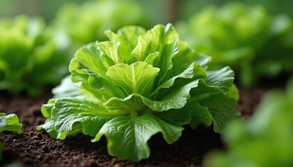 Fresh vibrant green lettuce growing garden. Healthy fresh salad ingredient vegetable. Ripe leaves, closeup detail, organic nature plant in soil. Healthy eating diet vegetarian food.