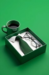 Happy father's day. Composition on flat green layer, gift box coffee cup coffee cup tie glasses. Men's Accessories
