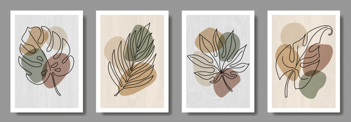 Set of abstract leaves and earth tone geometric shapes for interior. Modern wall decoration collection design for poster, cover, card. Leaves in hand drawn. Artistic template. One line drawing.