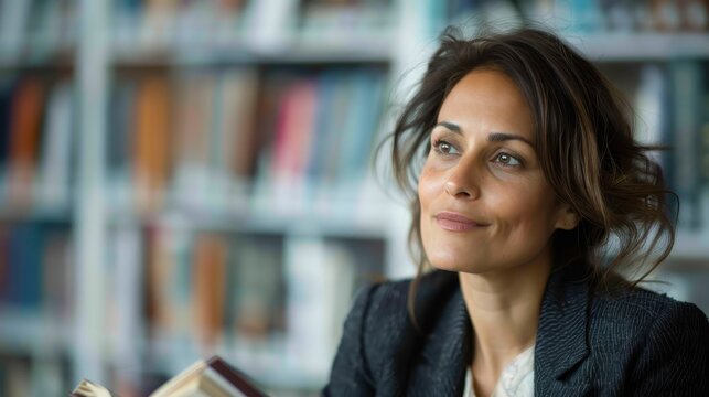 A thoughtful woman gazes upward in a library while holding a book, embodying curiosity and contemplation, perfectly capturing the essence of learning and intellectual pursuit.