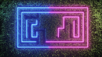 Neon maze outlined on a bed of vibrant foliage